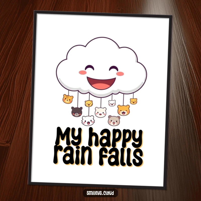 Funny digital art print of a grinning cloud character raining down numerous small, happy animal faces, spreading joy digitally.