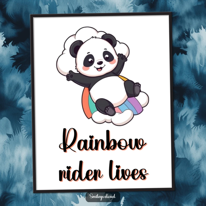 Funny Panda digital art print of a playful panda sliding down a rainbow from a cloud, perfect for adding whimsical humor to any space.
