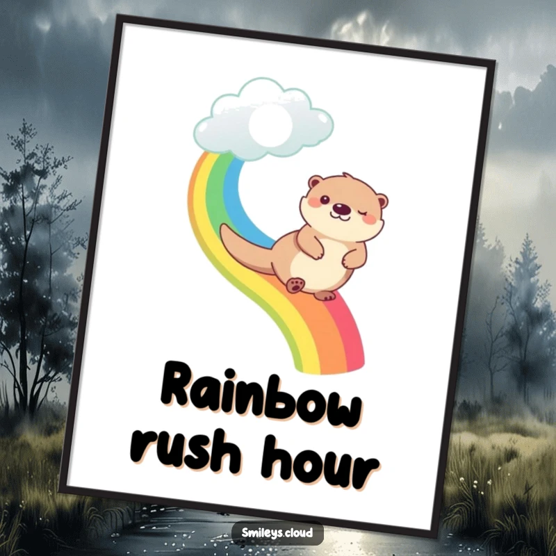 Funny happy otter sliding down a rainbow originating from a cloud, offered as a high-resolution digital print.