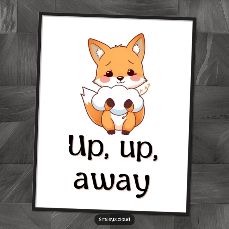 Funny digital art print of a smiling fox holding a soft cloud like a balloon, creating a whimsical and heartwarming scene.