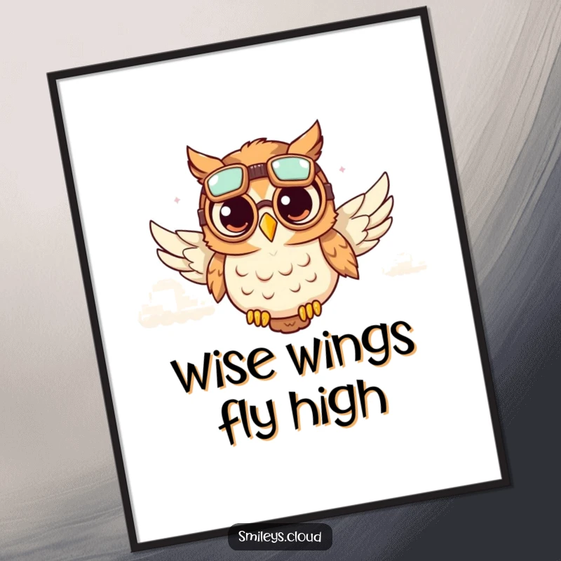 Funny digital art print of a cute owl wearing aviator goggles, soaring through fluffy clouds, conveying funny adventure and whimsy.