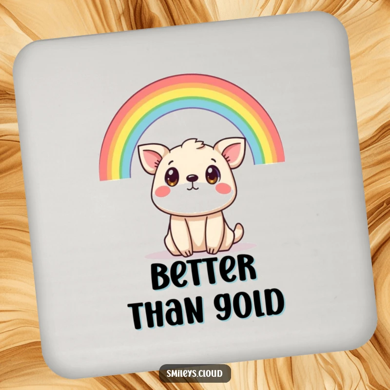 Funny coasters with a shocked animal beneath a colorful rainbow, protecting surfaces with a humorous and artistic touch.