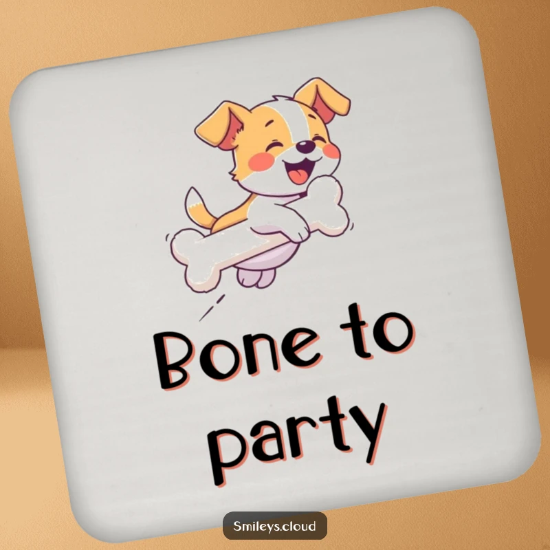 Funny drink coaster with a giggling dog chasing a cloud shaped like a bone, adding a touch of playful doggy humor.