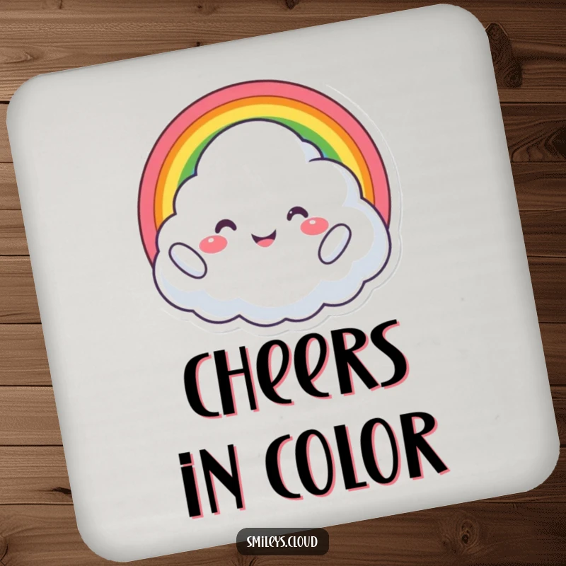 Funny drink coaster set featuring a proud cloud character holding a rainbow, beaming with joy, adding a colorful touch.