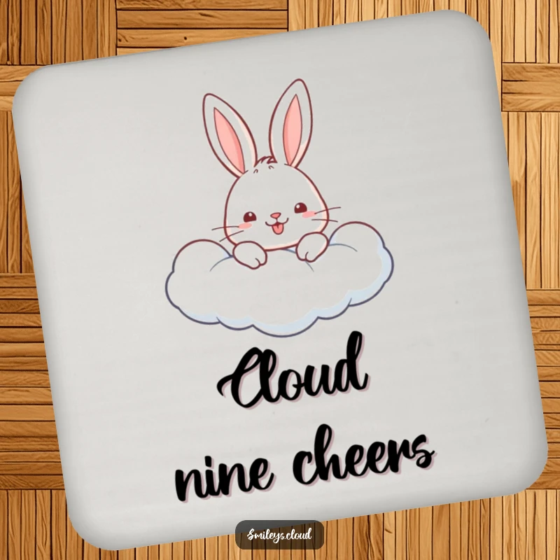 Funny drink coaster with a cheerful rabbit peeking from a fluffy cloud, looking happy and sweet.