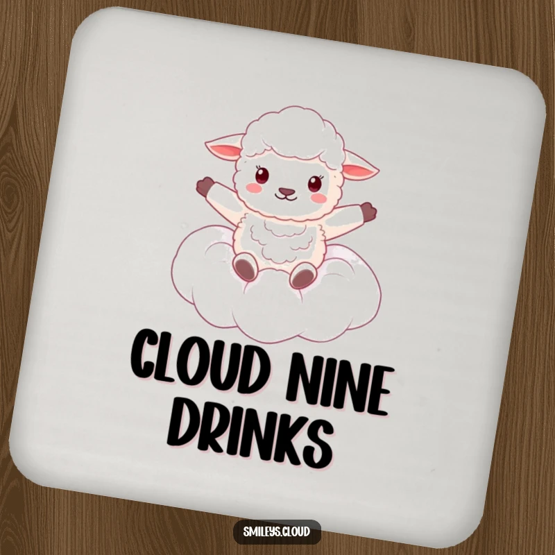 Funny drink coaster showing a fluffy sheep floating on a cloud, arms spread wide in a happy, peaceful pose.