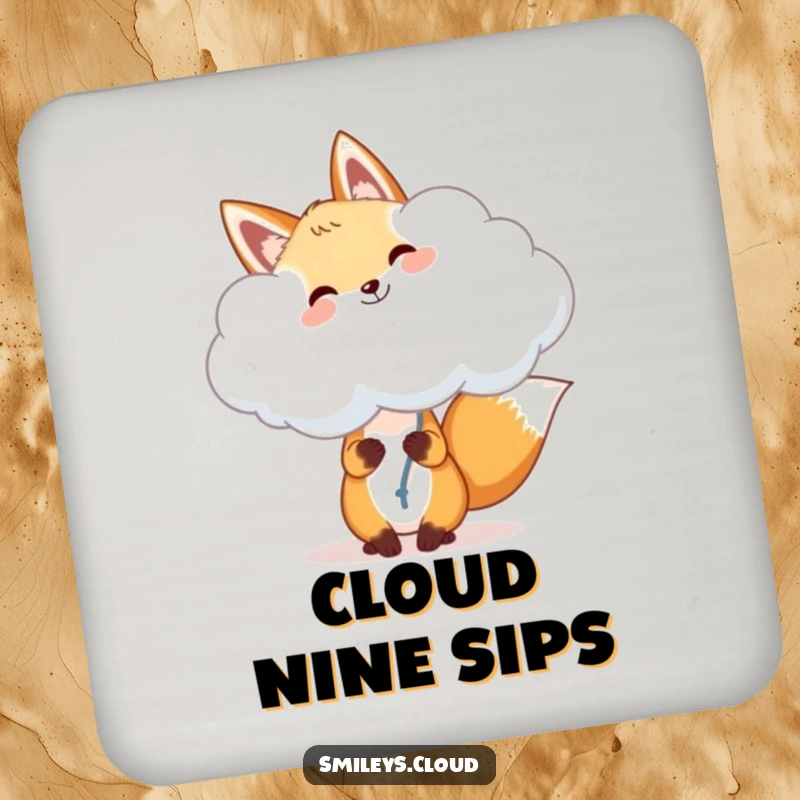 Funny fox coaster, a cheerful fox holding a fluffy cloud like a balloon, protecting surfaces with whimsical joy and charm.