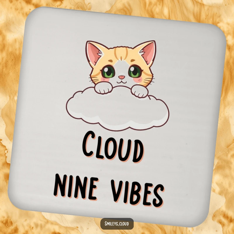 Funny cat coaster, a curious cat peeking over a cloud's edge, providing surface protection with whimsical and playful design.