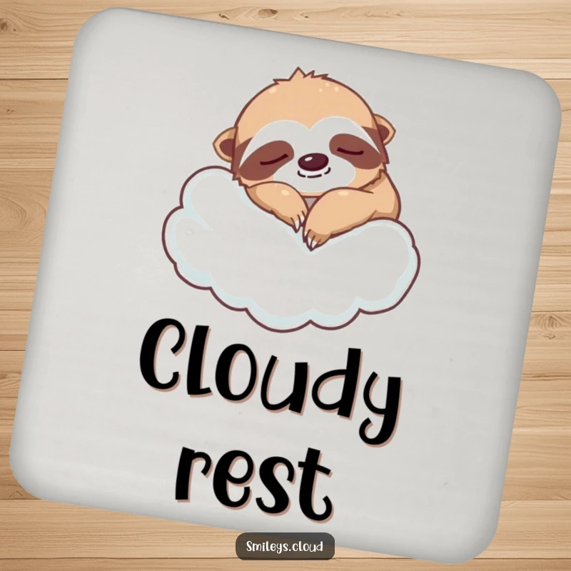 Funny silly sloth coasters featuring a napping sloth on a cloud, protecting surfaces with humorous and relaxed flair.