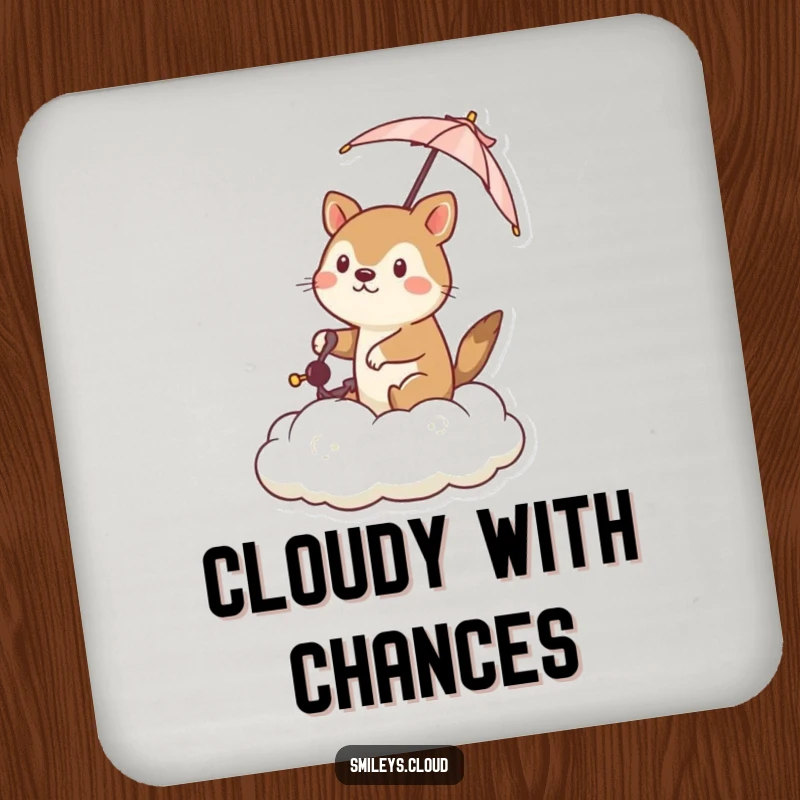 Funny drink coaster with a determined animal steering a cloud with a tiny umbrella, adding a touch of adventurous charm.