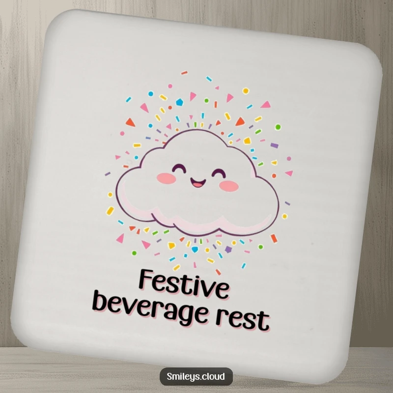 Funny drink coaster with a smiling cloud releasing colorful confetti, adding a joyful and humorous accent to table protection.