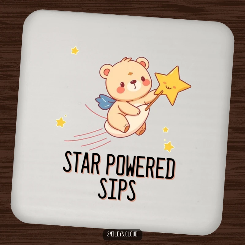 Funny drink coaster featuring a happy bear cub gleefully riding a shooting star, protecting surfaces with cosmic charm and humor.