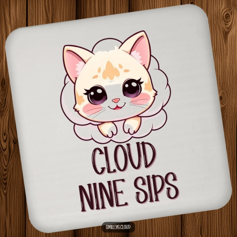 Funny drink coaster featuring a happy cat peeking out from a fluffy cloud, offering funny protection for surfaces.
