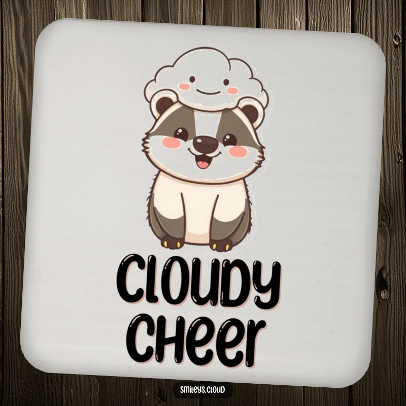 Funny cheerful badger coasters featuring a happy badger and a smiling cloud, protecting surfaces with humorous and cheerful flair.