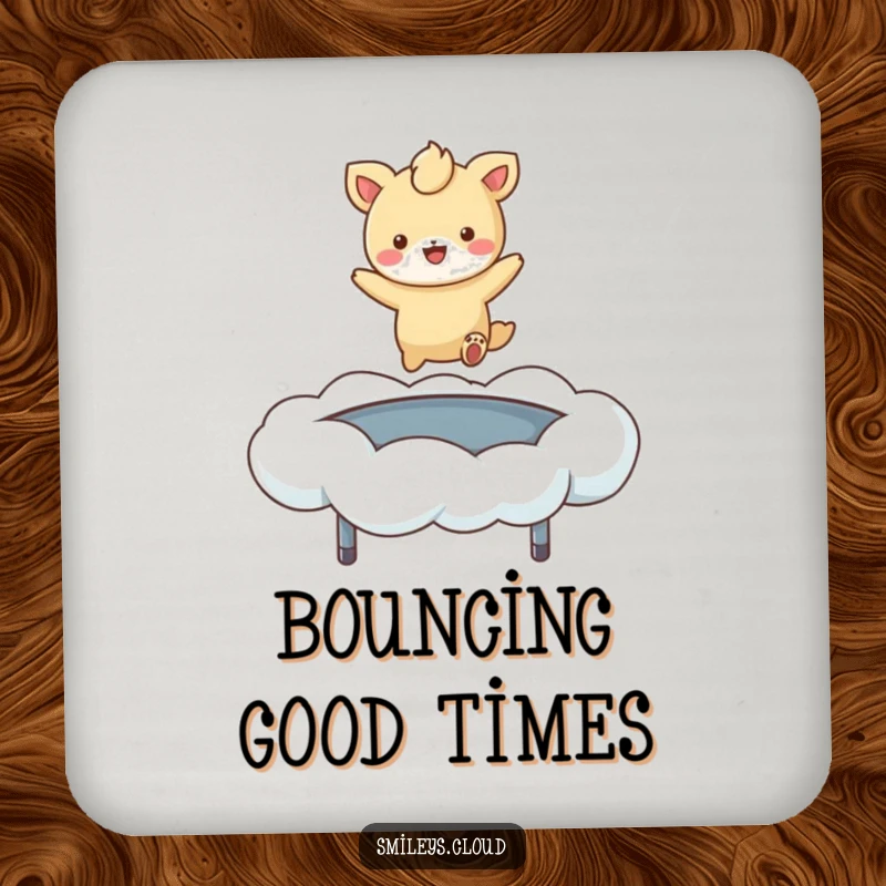 Funny drink coaster with a happy animal character bouncing on a soft cloud, protecting surfaces with a smile.