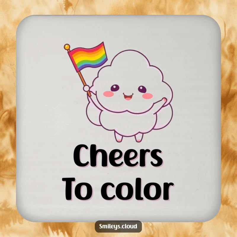 Funny cloud critter coasters designed with a smiling cloud waving a rainbow flag, perfect for protecting surfaces.
