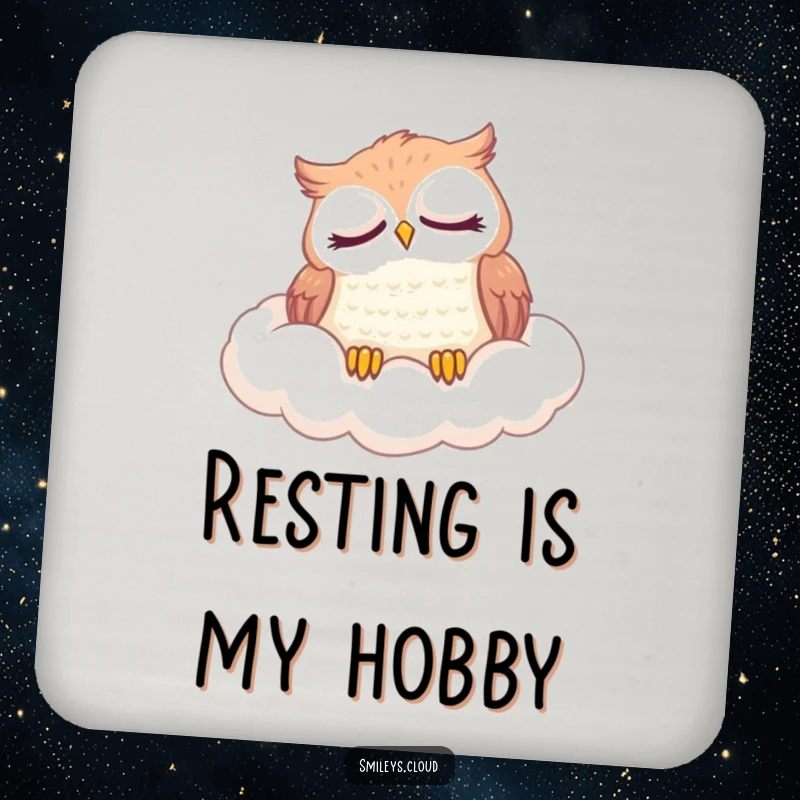 Funny drink coaster with a content owl napping on a soft cloud, protecting surfaces with a touch of humor.