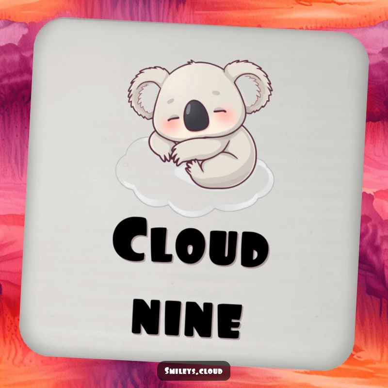 Funny drink coaster featuring a contented koala napping on a soft white cloud, protecting surfaces with peaceful humor.