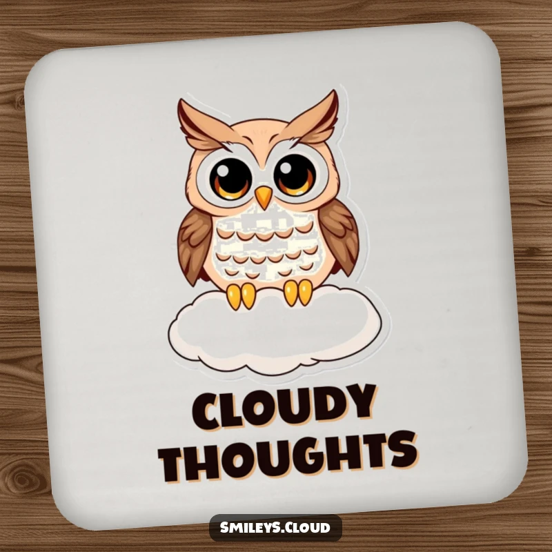 Funny owl coasters featuring a curious owl on a cloud, adding a humorous and protective touch to any table surface during drinks.