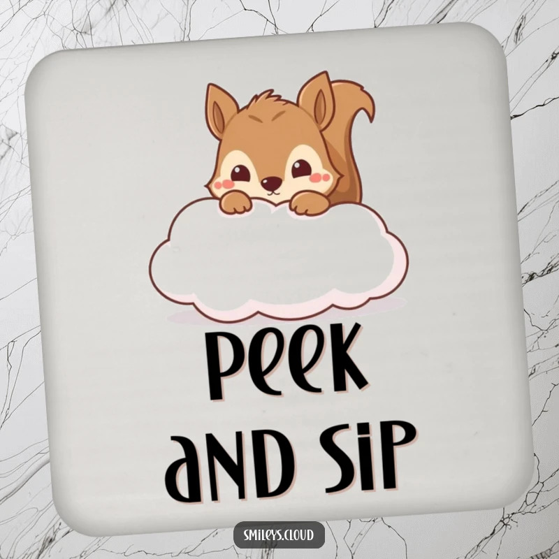 Funny curious squirrel peeking from a soft cloud, protecting your drinks and tabletops with humor.