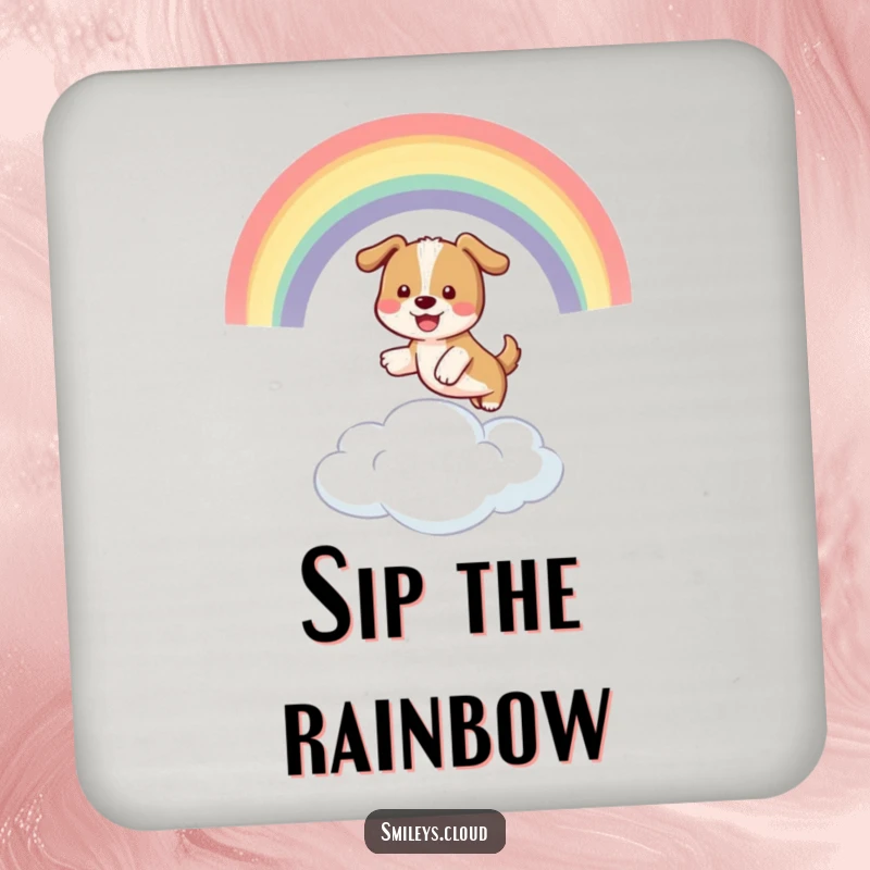 Funny drink coaster featuring a playful dog jumping through a rainbow arching over a cloud, offering funny surface protection.