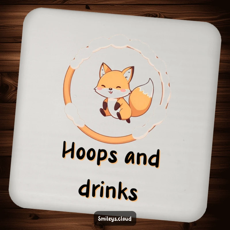 Funny drink coaster featuring a playful fox mid-jump through a cloud hoop, adding a humorous touch to your table.