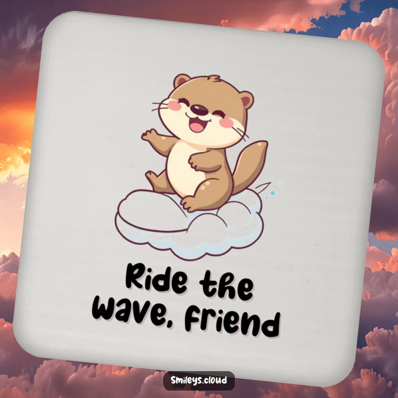 Funny cheerful otter surfing on a cloud, on protective drink coasters.