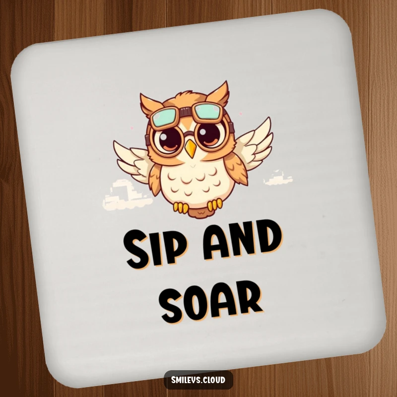 Funny drink coaster featuring a cute owl wearing aviator goggles, soaring through fluffy clouds, offering funny surface protection.