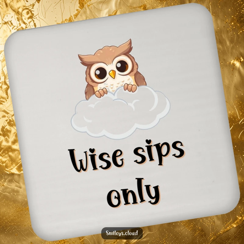 Funny curious owl peeking over a cloud, on protective drink coasters.