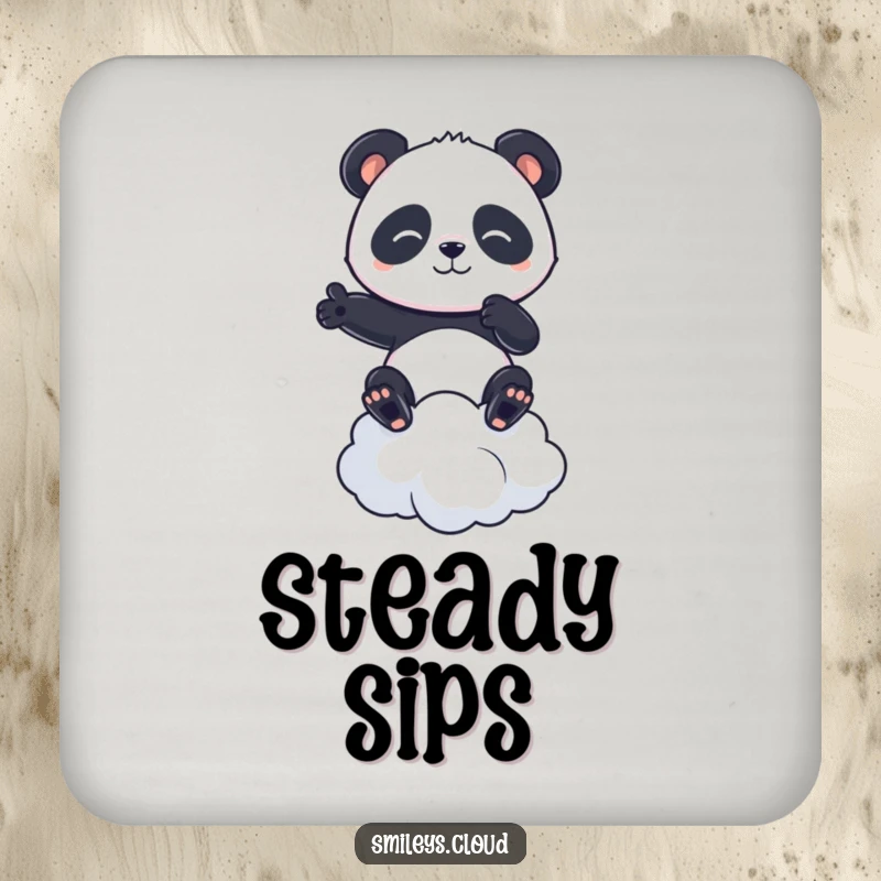 Funny drink coaster featuring a determined panda balancing on a cloud, adding a humorous and focused touch to your table.