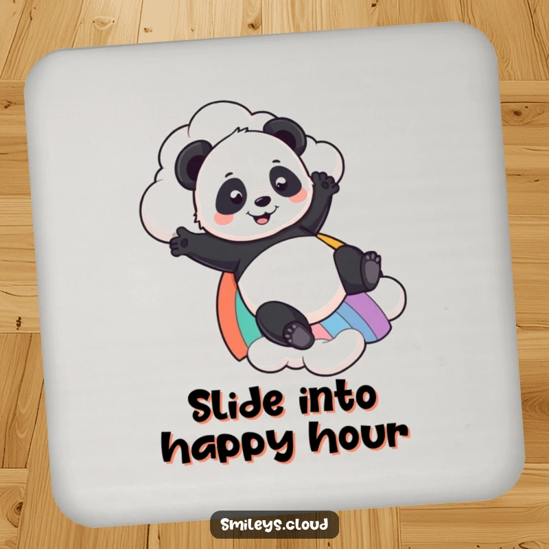 Funny Panda coasters featuring a playful panda sliding down a rainbow from a cloud, ideal for protecting surfaces with humor.