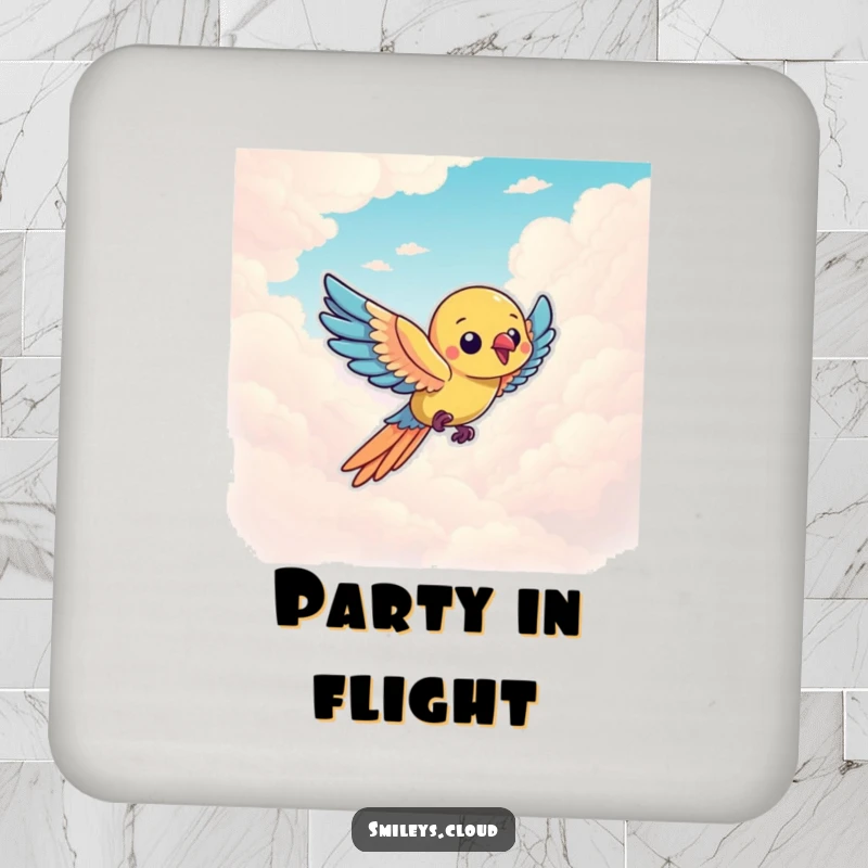 Funny parrot character flying through clouds, adding a splash of humor to this protective drink coaster.