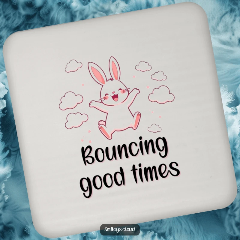 Funny drink coaster depicting a happy rabbit leaping between scattered clouds with pure joy, symbolizing exuberant happiness and fun.
