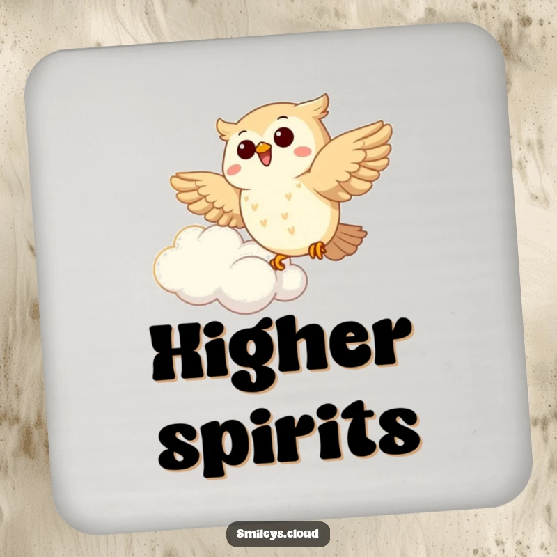 Funny Owl Drink Coaster: A joyous owl soaring near a fluffy cloud, adding a touch of humor and protection to your surfaces.