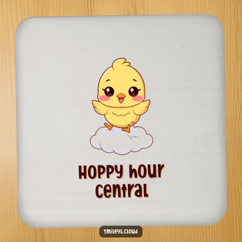 Funny chick coaster featuring a happy chick hopping on a cloud, a humorous and functional home accessory.