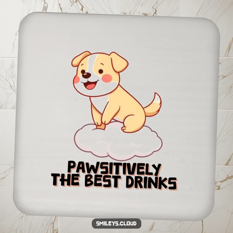 Funny happy dog wagging its tail, balancing on a cloud, on protective drink coasters.