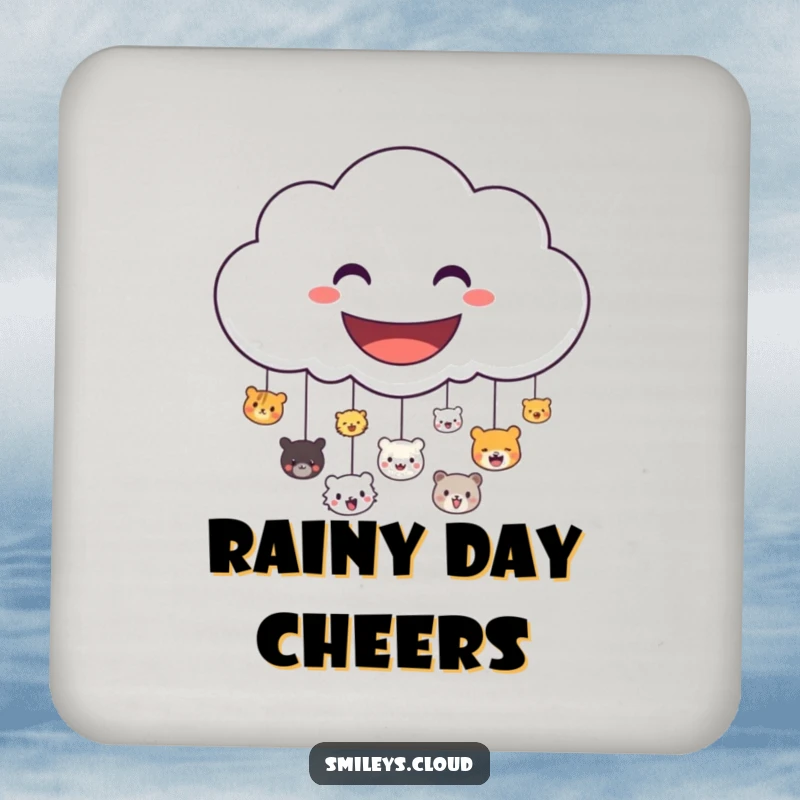 Funny drink coaster set featuring a smiling cloud character showering down small, happy animal faces, protecting surfaces with cheer.