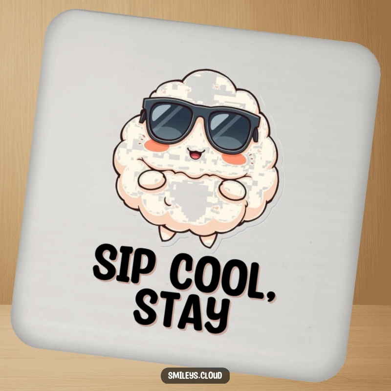 Funny drink coaster set featuring a fluffy cloud wearing sunglasses, striking a cool pose with a cheerful smirk.