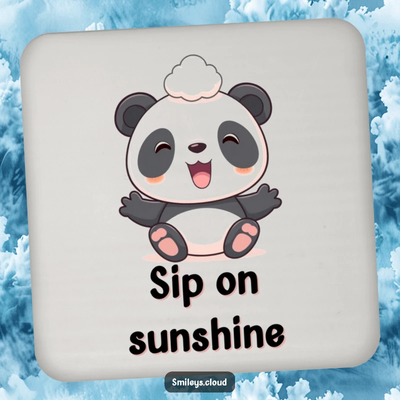 Funny drink coaster showcasing a smiling panda balancing a cloud, protecting surfaces with adorable, humorous style.