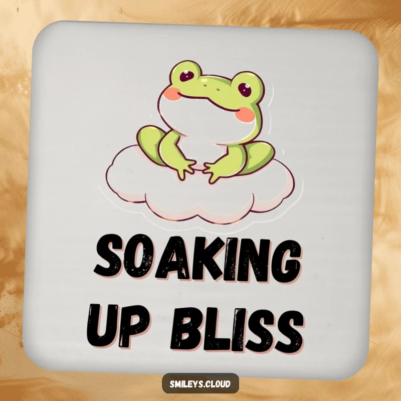 Funny frog character lounging contentedly on a cloud with a smile, featured on this protective, humorous drink coaster.