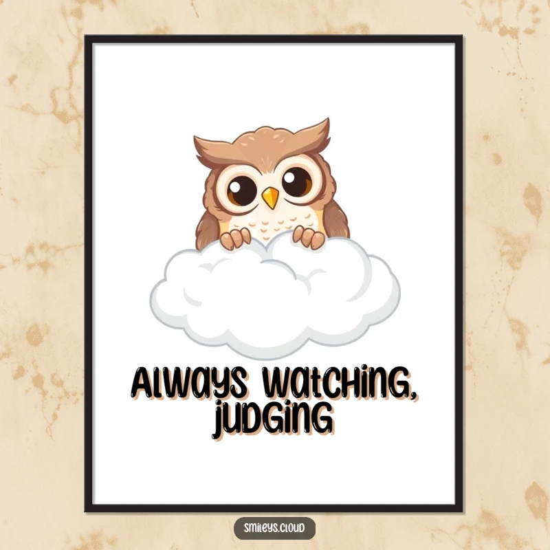 Funny curious owl peeking over a wispy cloud, wide-eyed, high-quality poster art.