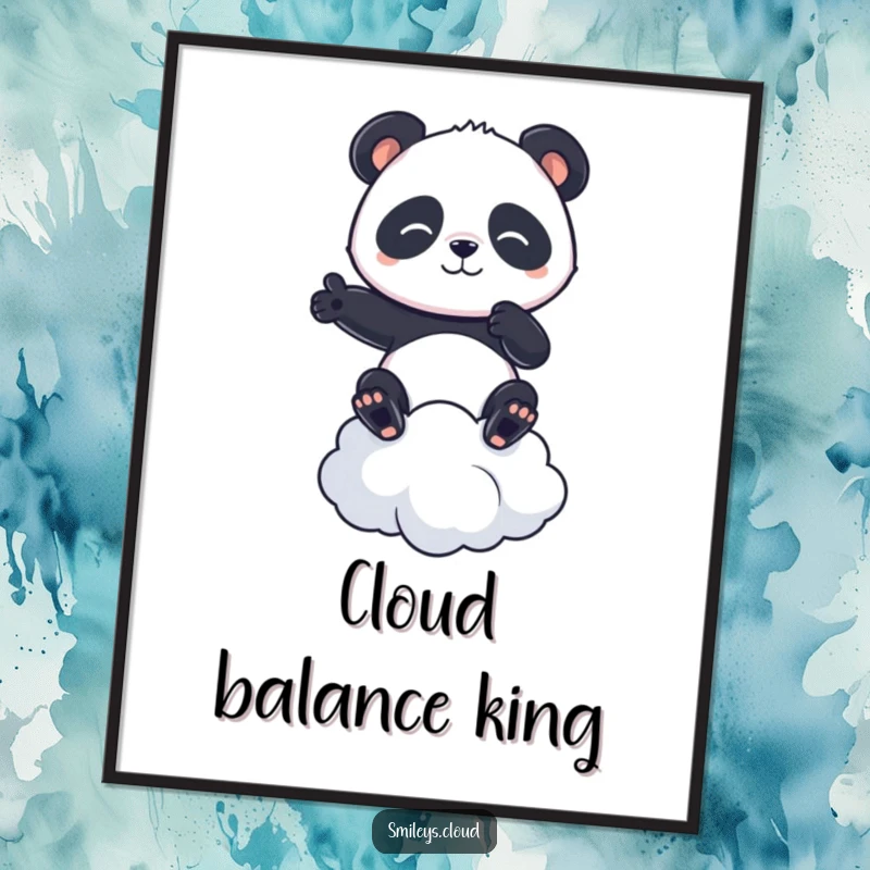 Funny poster art depicting a determined panda balancing with grace on a soft cloud, celebrating focus and humor.