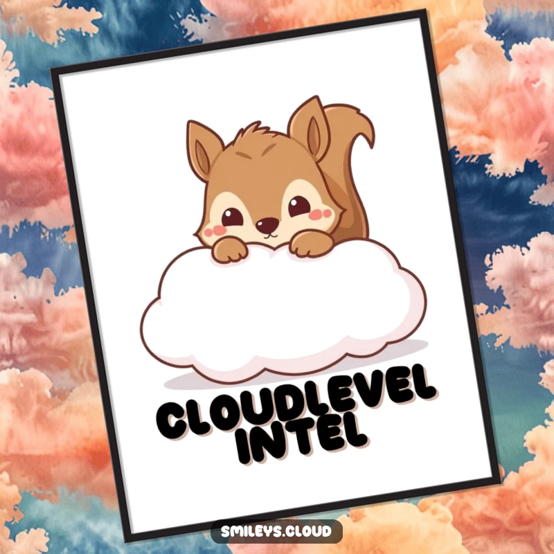 Funny curious squirrel peeking from a fluffy cloud, creating whimsical and humorous wall art for any space.