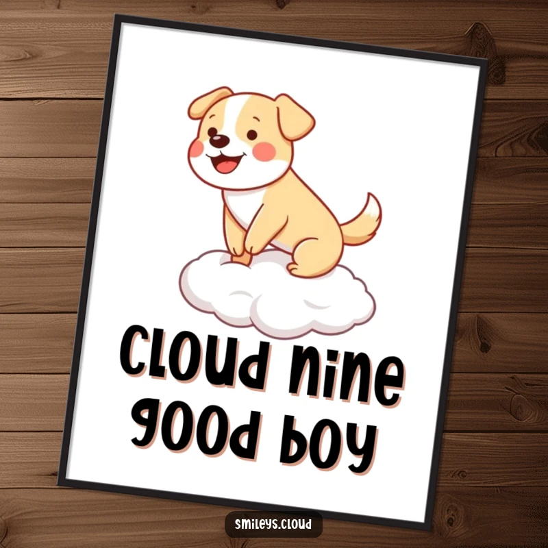Funny happy dog wagging its tail, balancing on a cloud, high-quality poster art.