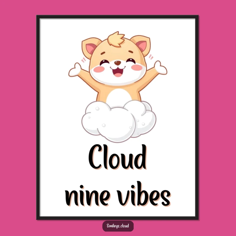 Funny Floating Animal Poster: Happy Cloud Bliss Art, Whimsical Wall Decor Gift