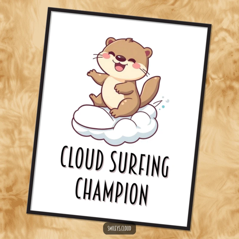 Funny cheerful otter surfing on a rolling cloud, dynamic action, high-quality poster art.