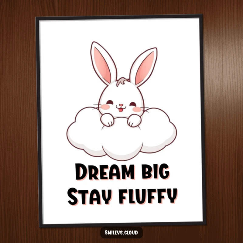 Funny rabbit poster displaying a cute bunny peeking over the edge of a fluffy cloud, creating a whimsical scene.