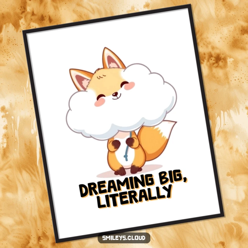 Funny fox poster, a cheerful fox holding a fluffy cloud like a balloon, symbolizing joy and whimsical imagination.