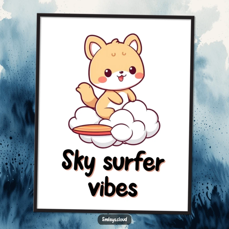 Funny poster illustrating an animal character expertly surfing on a small, fluffy cloud, conveying a sense of fun and freedom.