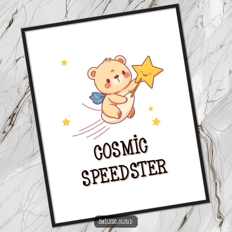 Funny poster art capturing a happy bear cub riding a shooting star with absolute glee, creating a sense of cosmic adventure and happiness.